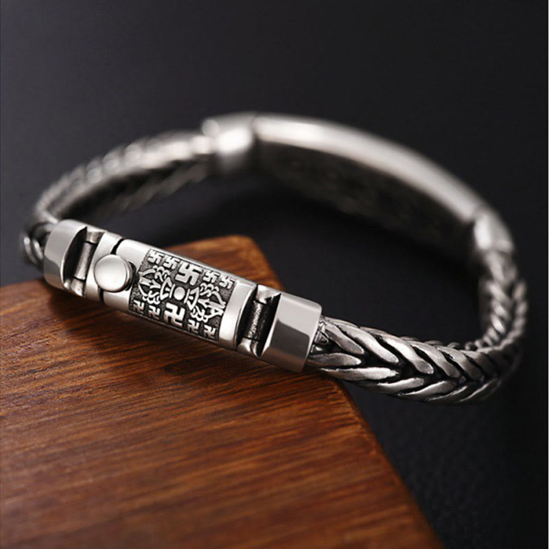 Vajra Om Mani Padme Hum Bracelet – Woven leather band with engraved silver center plaque, mens spiritual jewelry