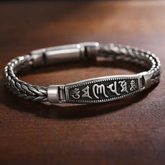 Vajra Om Mani Padme Hum Bracelet – Braided silver chain with Tibetan mantra plaque on dark wood, mens copper bracelet