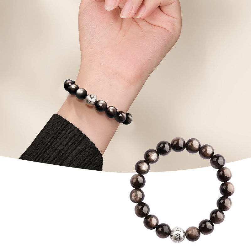 Silver Sheen Obsidian Bracelet – split lifestyle and studio shot with engraved mantra bead visible, protective grounding
