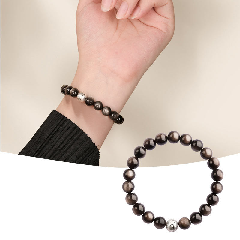 Silver Sheen Obsidian Bracelet – dual view on wrist and white background highlighting silvery shimmer, grounding
