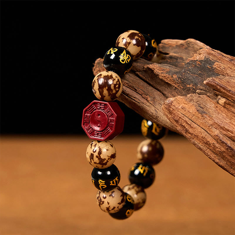 Bodhi Seed Bagua Yin Yang Bracelet – On aged driftwood prop with gold inscribed black beads, cinnabar jewelry