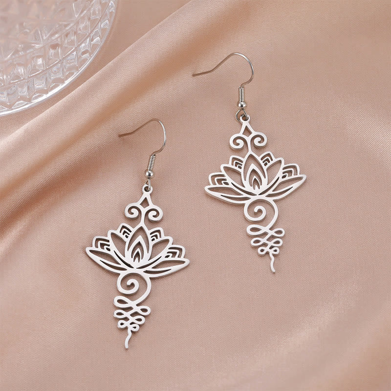 Hollow Lotus Stainless Steel Enlightenment Drop Earrings - silver lotus on blush satin with crystal, feminine styling, peace
