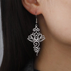 Hollow Lotus Stainless Steel Enlightenment Drop Earrings - worn on ear, side profile showing lotus dangle length, elegant