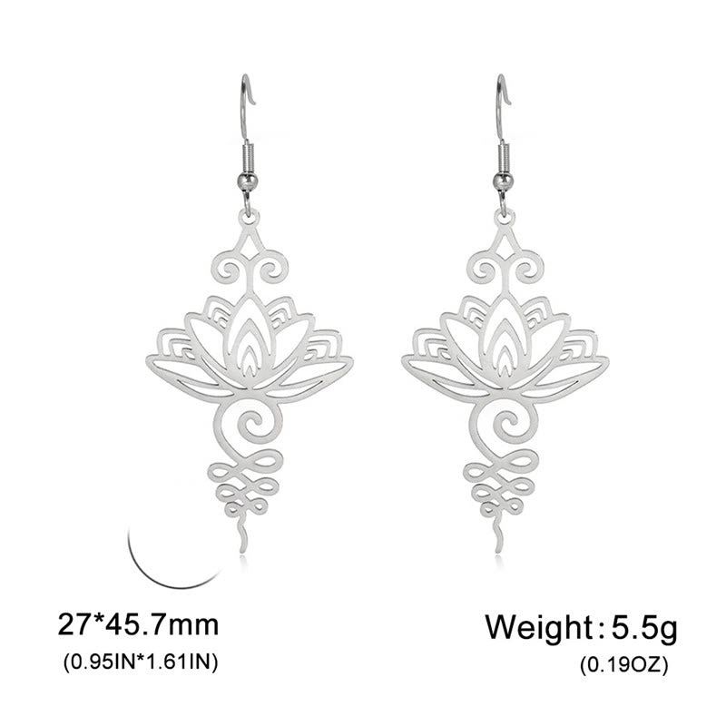 Hollow Lotus Stainless Steel Enlightenment Drop Earrings - silver pair with size specs, openwork lotus design, mindful