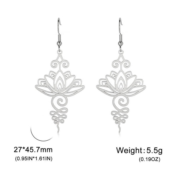 Hollow Lotus Stainless Steel Enlightenment Drop Earrings - silver pair with size specs, openwork lotus design, mindful