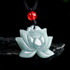 Lotus Flower Carved Jade Prosperity Necklace Pendant - celadon jade lotus with red bead on black cord, spiritual jewelry