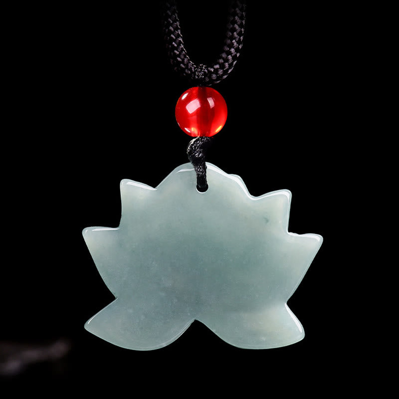 Lotus Flower Carved Jade Prosperity Necklace Pendant - jade lotus pendant with red accent bead, detailed petal carving, zen