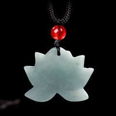 Lotus Flower Carved Jade Prosperity Necklace Pendant - jade lotus pendant with red accent bead, detailed petal carving, zen
