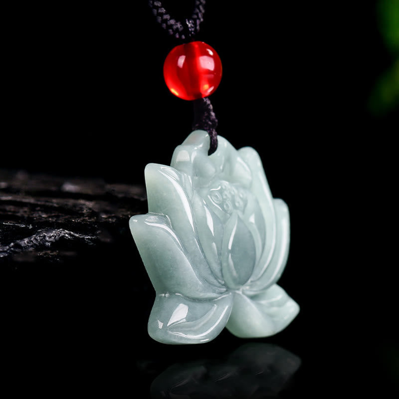 Lotus Flower Carved Jade Prosperity Necklace Pendant - carved green jade lotus on braided cord, elegant dark styling, abundance