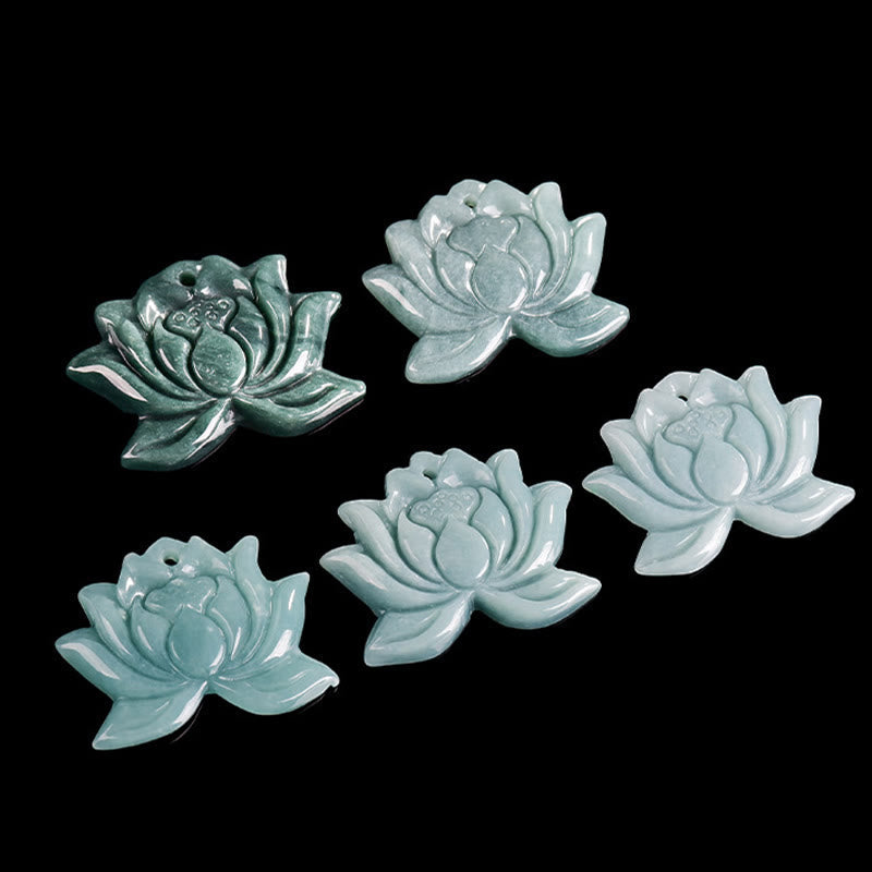 Lotus Flower Carved Jade Prosperity Necklace Pendant - five lotus pendants in teal to aqua shades, color options display, luck