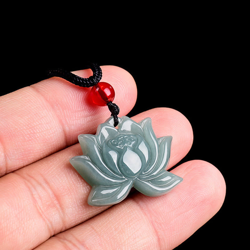 Lotus Flower Carved Jade Prosperity Necklace Pendant - jade lotus held on fingertips, hand scale reference, carved detail