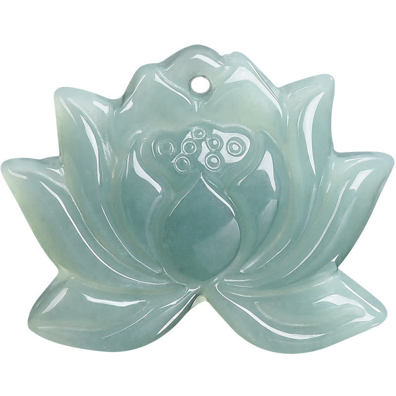Lotus Flower Carved Jade Prosperity Necklace Pendant - carved lotus flat lay on white, seed pod detail, pure jade
