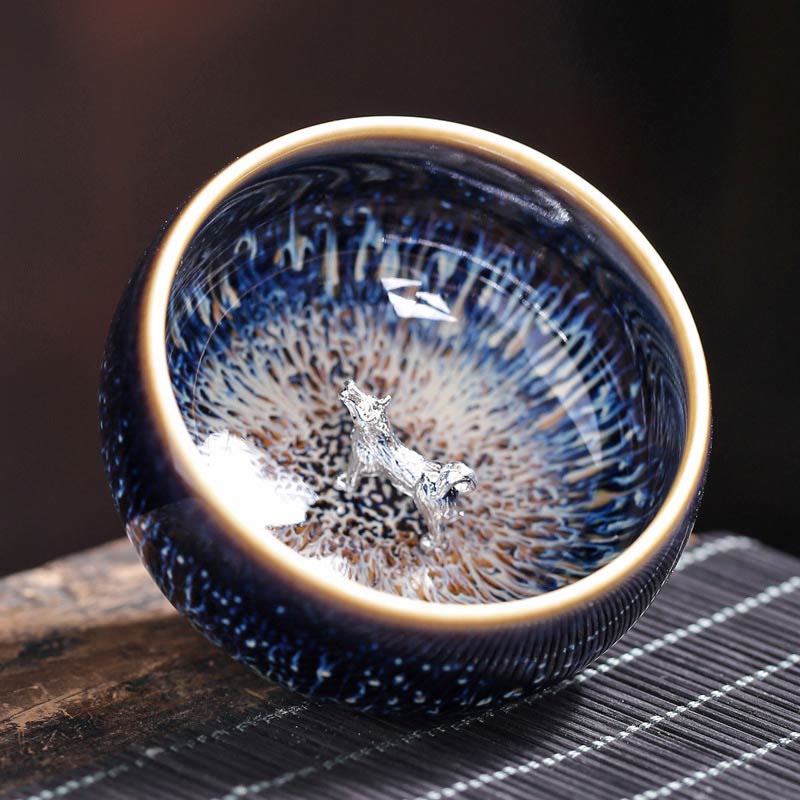 Jianzhan 12 Cup Set - cup with silver lotus, peacock feather glaze on wood, gongfu tea cup
