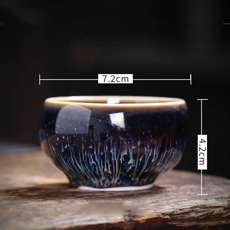 Jianzhan 12 Cup Set - tea cup with 7.2cm x 4.2cm dimension callouts, blue glaze on wood
