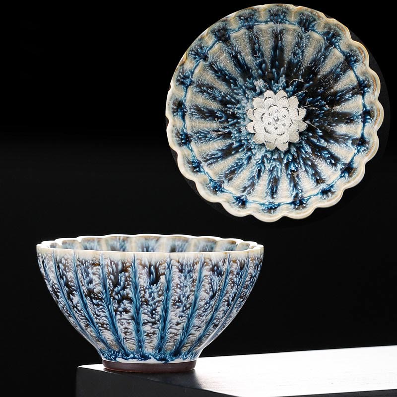 Jianzhan Lotus Ceramic Tea Cup dual angle with silver lotus center, blue-white crystalline glaze