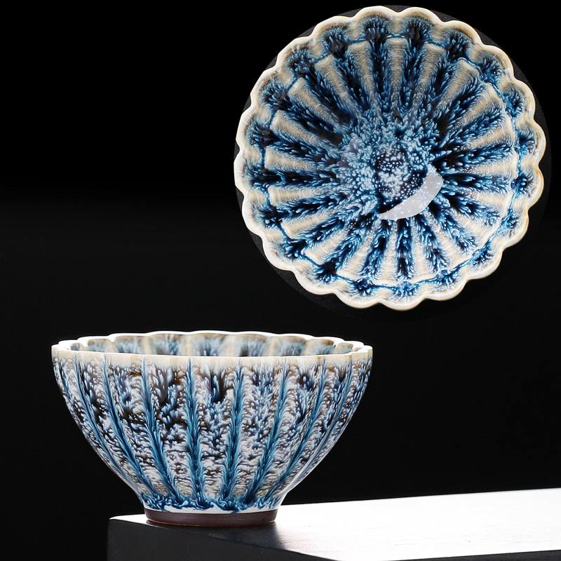 Jianzhan Lotus Ceramic Tea Cup dual angle with cream-blue crystalline glaze and scalloped rim