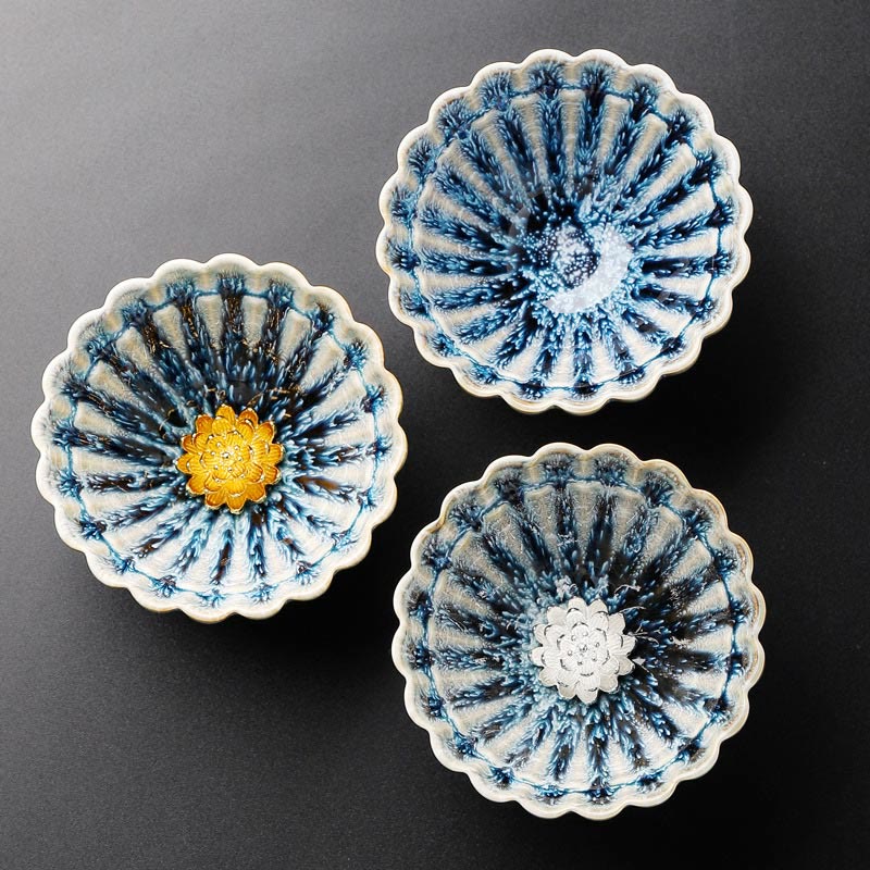 Jianzhan Lotus Ceramic Tea Cup trio with crackle glaze and metallic medallions, artisan tea ware