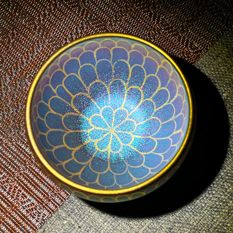 Lotus Flower Ceramic Tea Cup – gold chrysanthemum pattern with blue-purple iridescent glaze, Jianzhan teaware