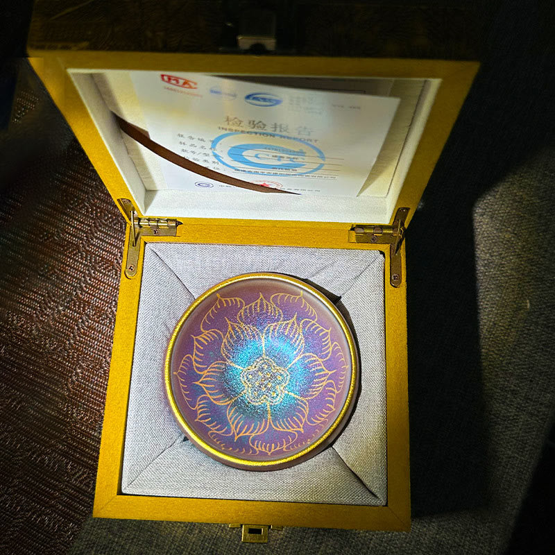 Jianzhan Lotus Flower Tea Cup – purple-blue iridescent glaze in wooden gift box with certificate, ceramic
