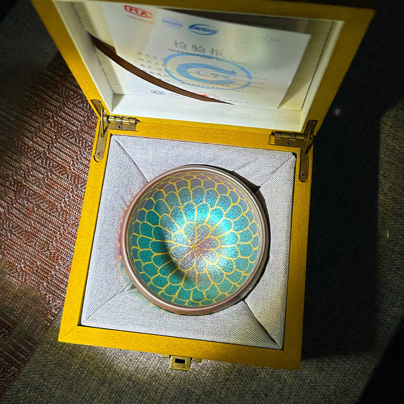 Jianzhan Lotus Flower Tea Cup – turquoise gold peacock pattern in luxury gift box with certificate, ceramic
