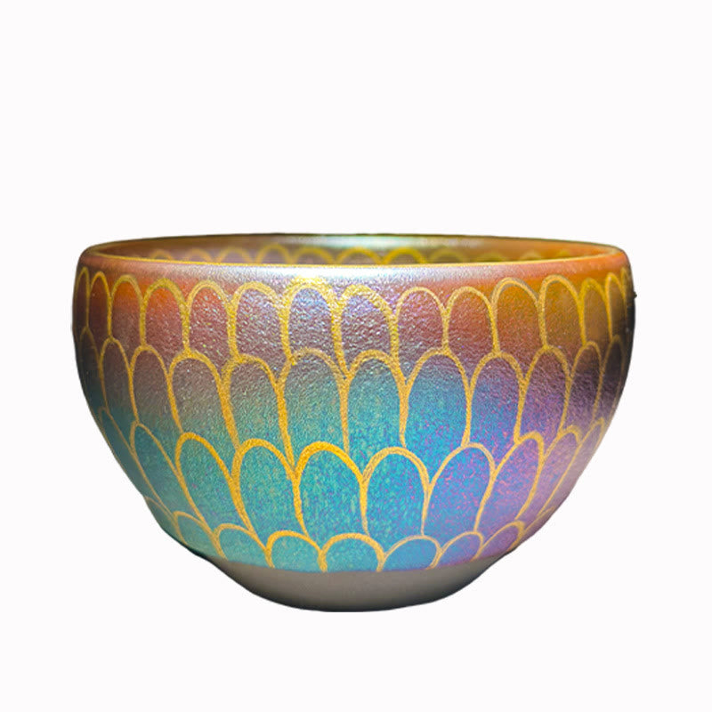 Lotus Flower Ceramic Tea Cup – side view of gold fish-scale pattern in gradient colors, white background