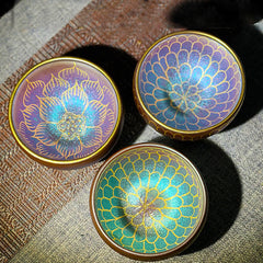 Lotus Flower Ceramic Tea Cup – set of three with gold lotus and chrysanthemum patterns, iridescent glaze