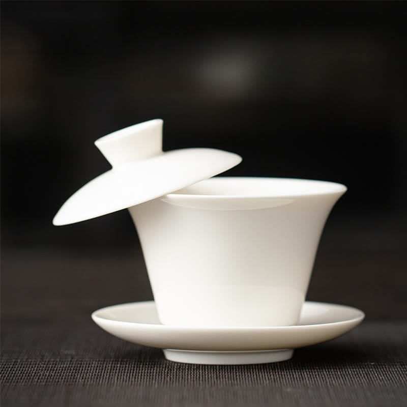 Dunhuang Ceramic Gaiwan Tea Set – White gaiwan lid ajar plain porcelain no decoration, Minimalist White
