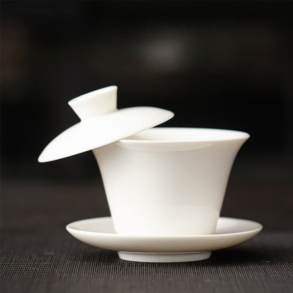 Dunhuang Ceramic Gaiwan Tea Set – White gaiwan lid ajar plain porcelain no decoration, Minimalist White