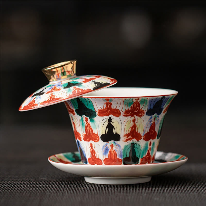 Dunhuang Ceramic Gaiwan Tea Set – Buddha figure gaiwan with rainbow halos on dark, Meditative Beauty