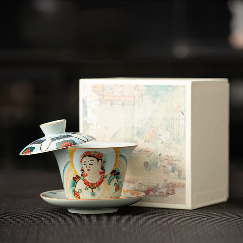 Dunhuang Ceramic Gaiwan Tea Set – Bodhisattva gaiwan with celadon crackle glaze and box, Sacred Art