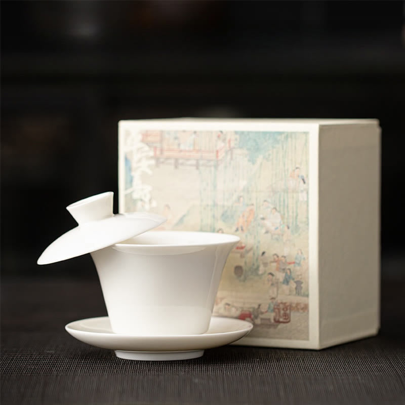 Dunhuang Ceramic Gaiwan Tea Set – Plain white gaiwan with faded mural box, Pure Form