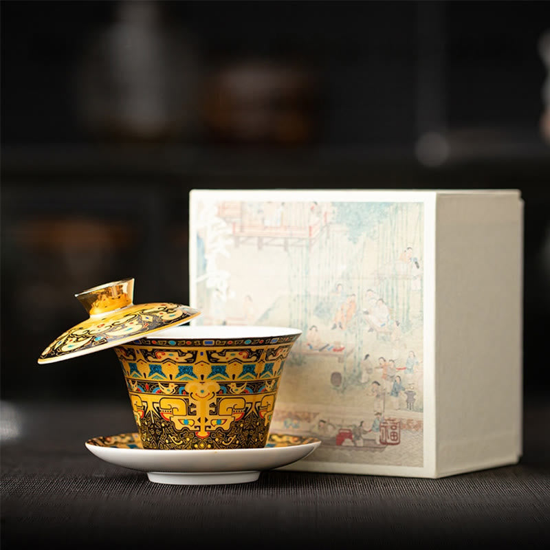 Dunhuang Ceramic Gaiwan Tea Set – Gold taotie gaiwan with Dunhuang figure box, Imperial Gold