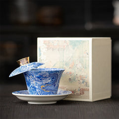 Dunhuang Ceramic Gaiwan Tea Set – Dragon gaiwan with Dunhuang mural box, cobalt and gold, Heritage Gift