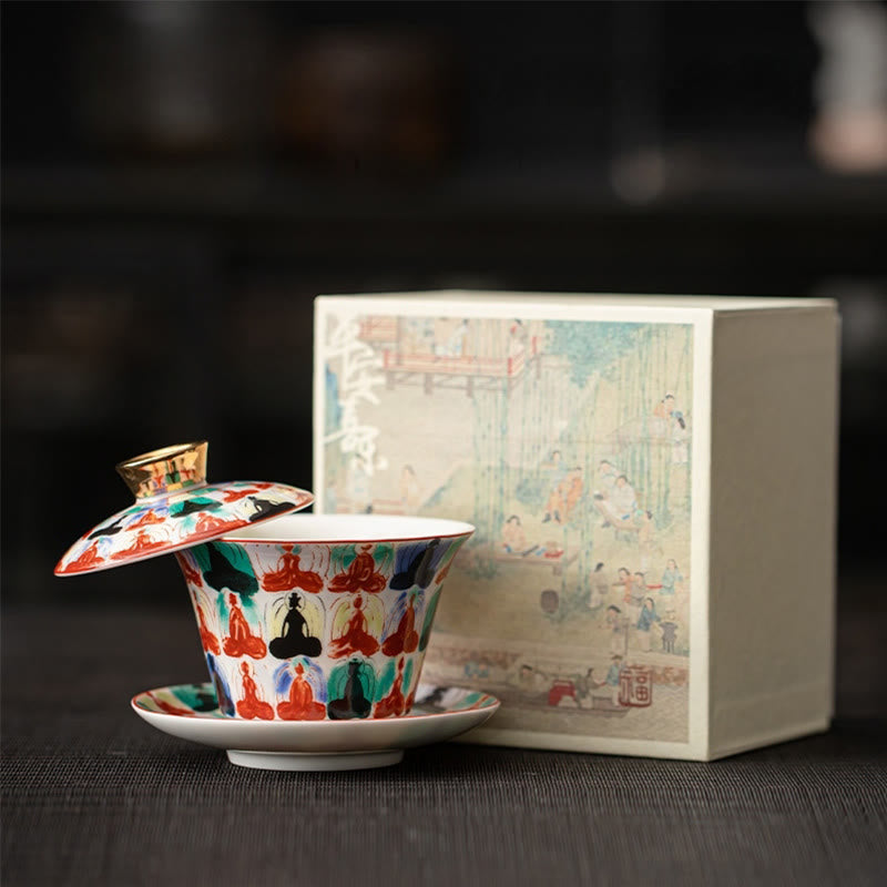 Dunhuang Ceramic Gaiwan Tea Set – Thousand Buddha gaiwan in red teal green with box, Buddhist Art