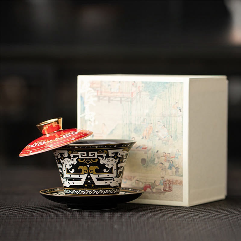Dunhuang Ceramic Gaiwan Tea Set – Black-gold-red gaiwan with taotie and figure box, Regal Contrast