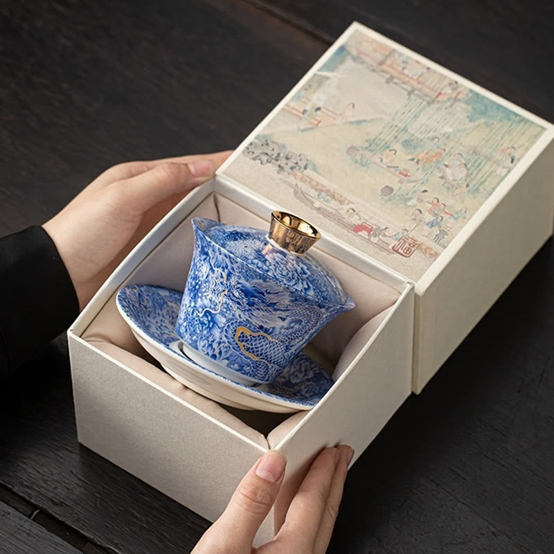 Dunhuang Ceramic Gaiwan Tea Set – Blue gaiwan unboxing with thangka lid art on dark wood, Discovery Moment