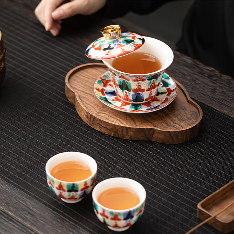 Dunhuang Ceramic Gaiwan Tea Set – Gaiwan with tea and two cups on wood tray, tea mat, Full Service