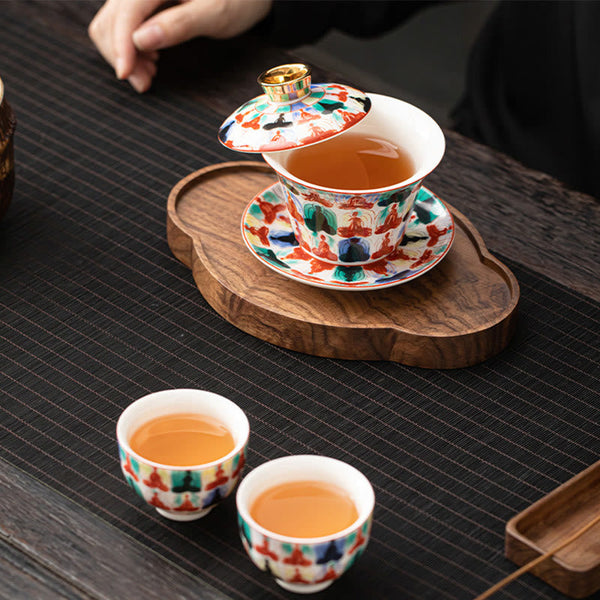 Dunhuang Ceramic Gaiwan Tea Set – Gaiwan with tea and two cups on wood tray, tea mat, Full Service