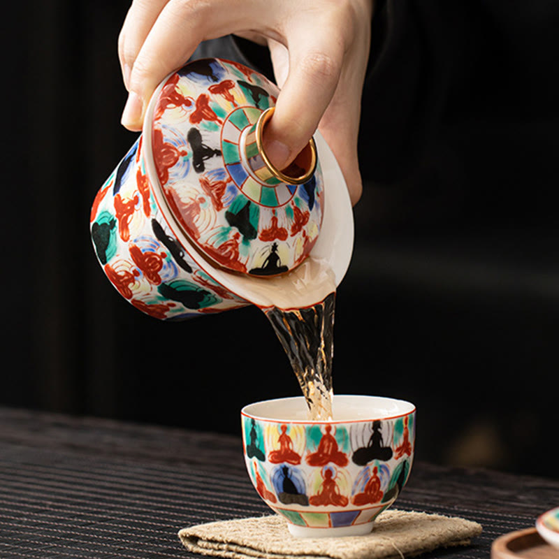Dunhuang Ceramic Gaiwan Tea Set – Gaiwan pouring tea to cup with Buddha motifs, Dark Studio, Pouring Action