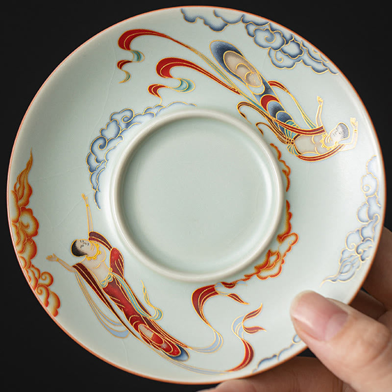 Dunhuang Ceramic Gaiwan Tea Set – Saucer with flying apsaras and gold cloud patterns, Apsara Art