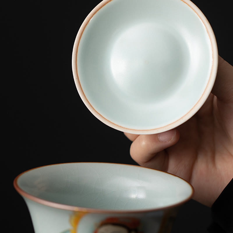 Dunhuang Ceramic Gaiwan Tea Set – Two cups showing crackle glaze and rust rim bands, Minimalist Zen