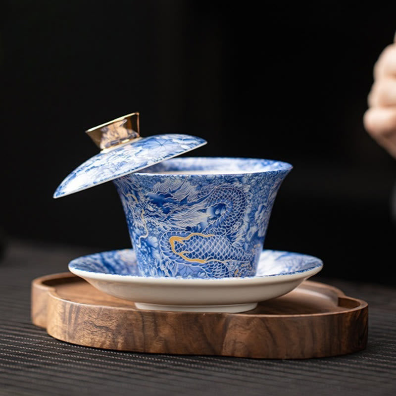 Dunhuang Ceramic Gaiwan Tea Set – Dragon gaiwan on round wooden tray lid tilted, Dark Drama