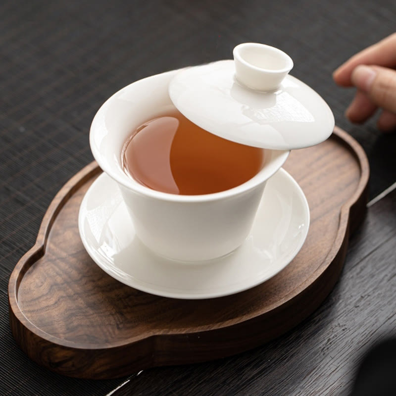 Dunhuang Ceramic Gaiwan Tea Set – White gaiwan on cloud tray with tea lid ajar, Zen Tea Ritual