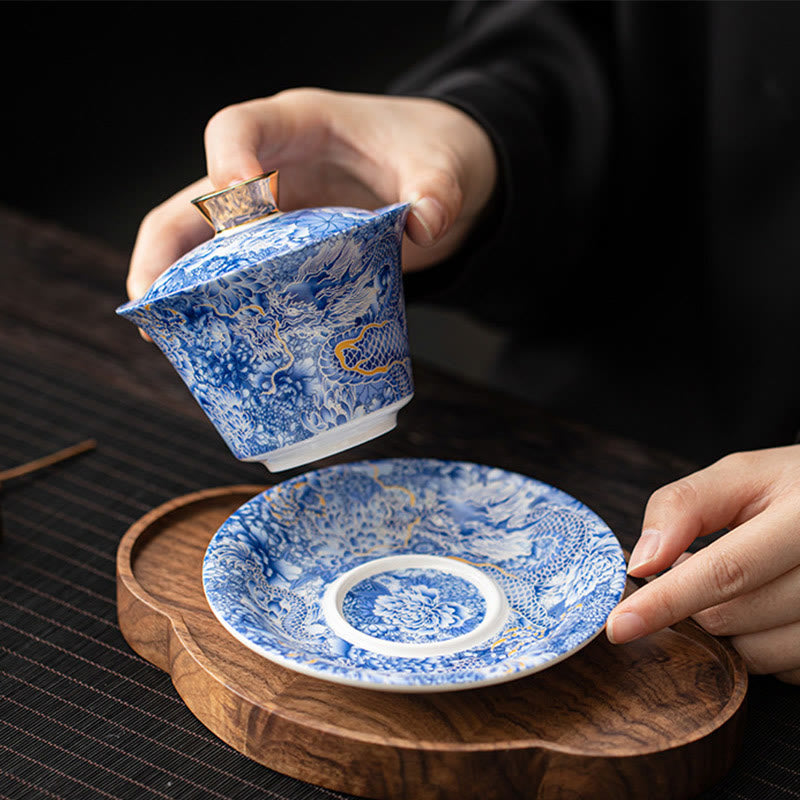 Dunhuang Ceramic Gaiwan Tea Set – Lid lifted revealing dragon interior on cloud tray, Tea Ritual