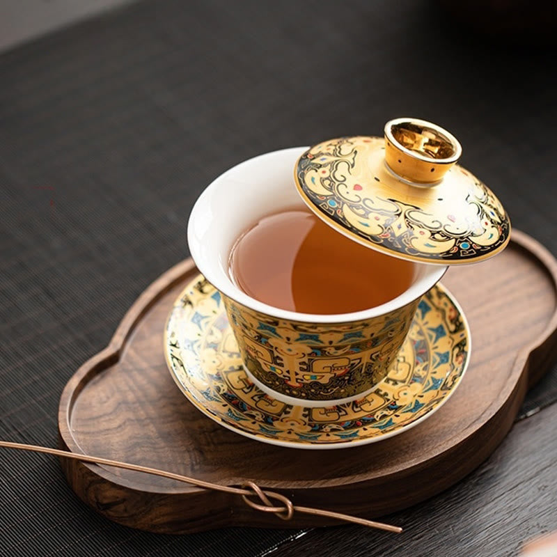 Dunhuang Ceramic Gaiwan Tea Set – Gold gaiwan with tea and needle on cloud tray, Tea Service