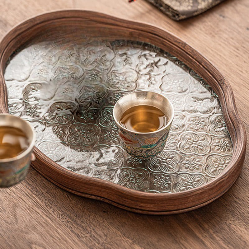 Fish Lotus Tea Cup – free-form wood tea tray with hammered silver cloud relief, tea set accessory