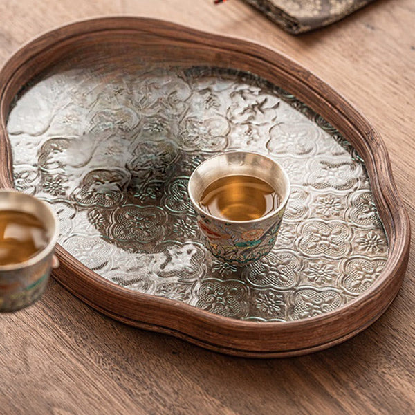 Fish Lotus Tea Cup – free-form wood tea tray with hammered silver cloud relief, tea set accessory