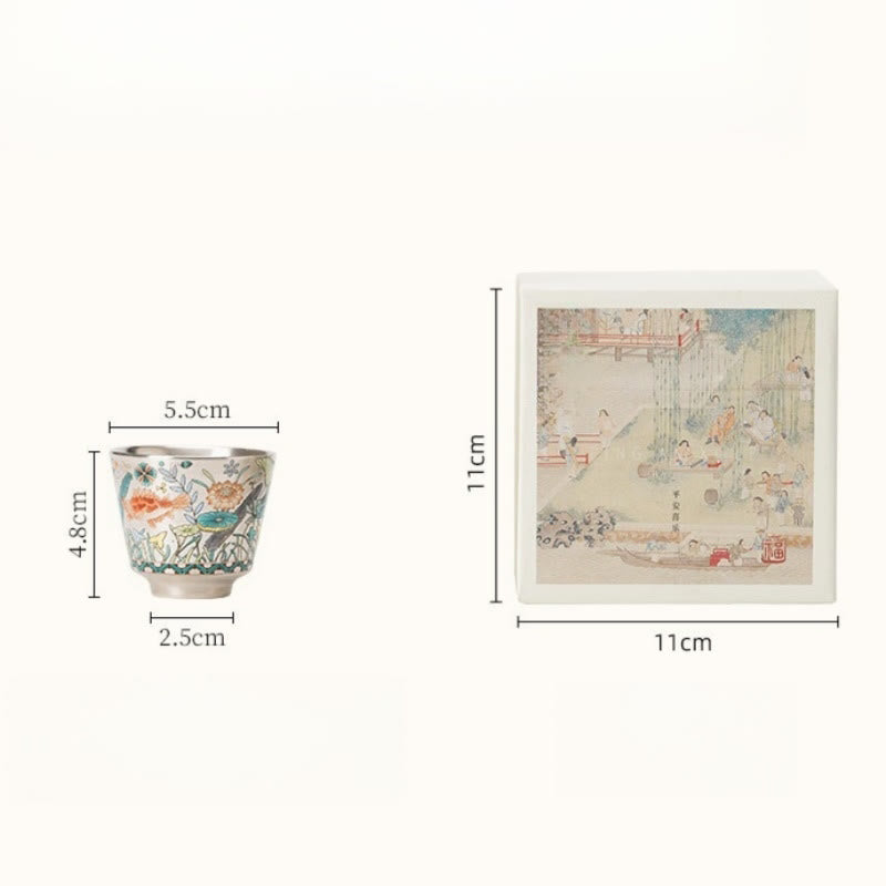 Fish Lotus Tea Cup – 45ml with silver rim and hand-painted aquatic scene, studio overview, ceramic teacup