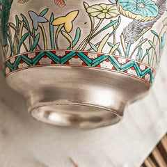 Fish Lotus Tea Cup – brushed silver base with enamel butterfly and grass motifs, macro detail, artisan teacup