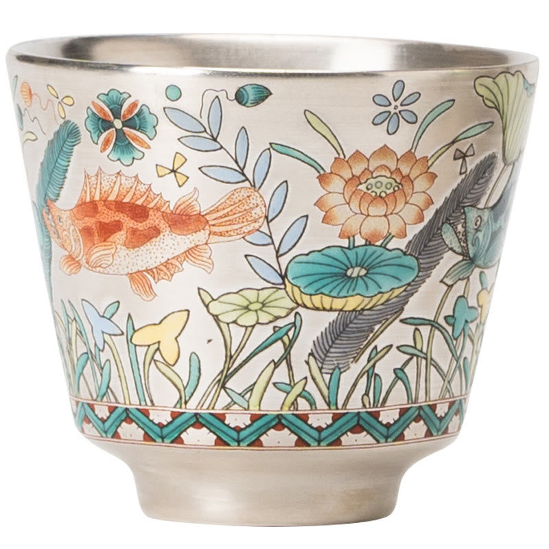 Fish Lotus Tea Cup – orange koi among lotus and water grass on white background, clean studio shot, artisan teacup